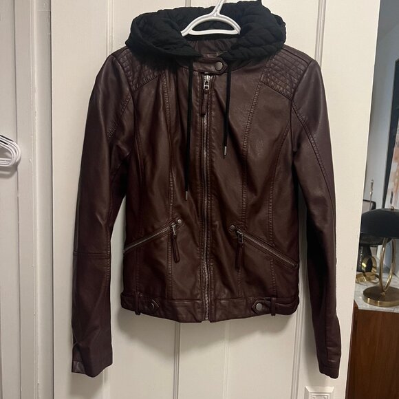 Sebby brown faux leather biker jacket w/black quilted hood/vest size s - Picture 5 of 12